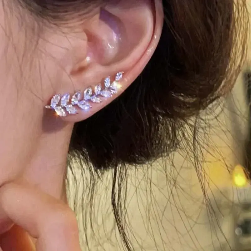 Luxury Shiny Zircon Leaf Stud Earrings For Women Exquisite Crystal Wheat Ear Ear Cuff Wrap Earrings Wedding Jewelry Bijoux