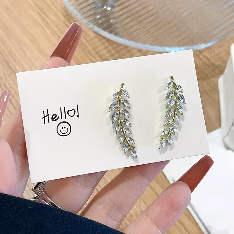 Luxury Shiny Zircon Leaf Stud Earrings For Women Exquisite Crystal Wheat Ear Ear Cuff Wrap Earrings Wedding Jewelry Bijoux
