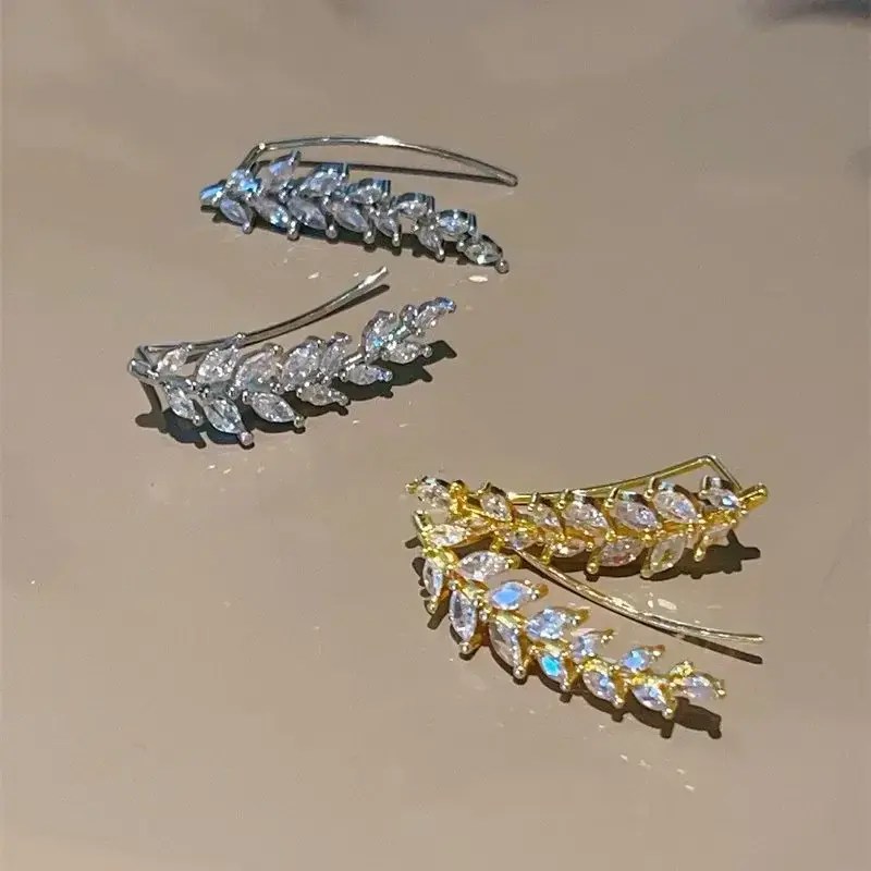 Luxury Shiny Zircon Leaf Stud Earrings For Women Exquisite Crystal Wheat Ear Ear Cuff Wrap Earrings Wedding Jewelry Bijoux