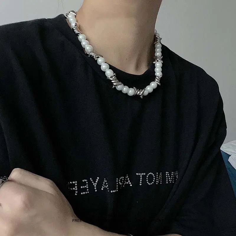 Punk Hip Hop White Imitation Pearl Necklace  for Women Men Gothic Metal Wire Little Thorns Choker Necklace Jewelry Gifts