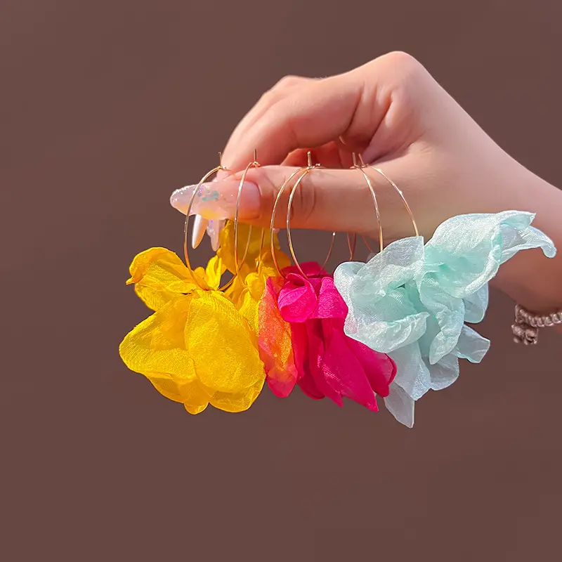 2025 New Bohemian Colorful Fabric Flower Hoop Earrings for Women Vintage Exaggerated Statement Dangle Earrings Jewelry Brincos
