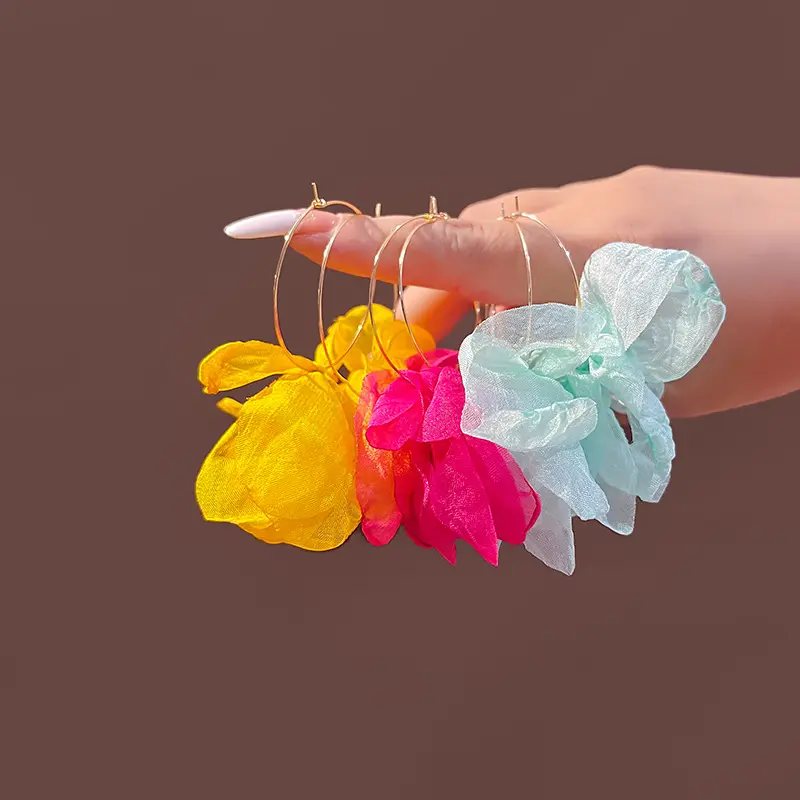 2025 New Bohemian Colorful Fabric Flower Hoop Earrings for Women Vintage Exaggerated Statement Dangle Earrings Jewelry Brincos