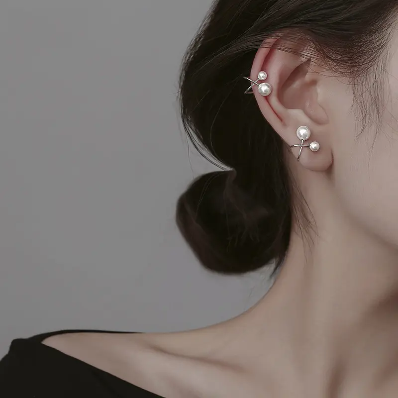 Fashion Silver Color Cross Pearl Ear Cuff Fake Piercing Earcuff Earrings Faux Non Pierced Clip on Earring Elegant Women Jewelry