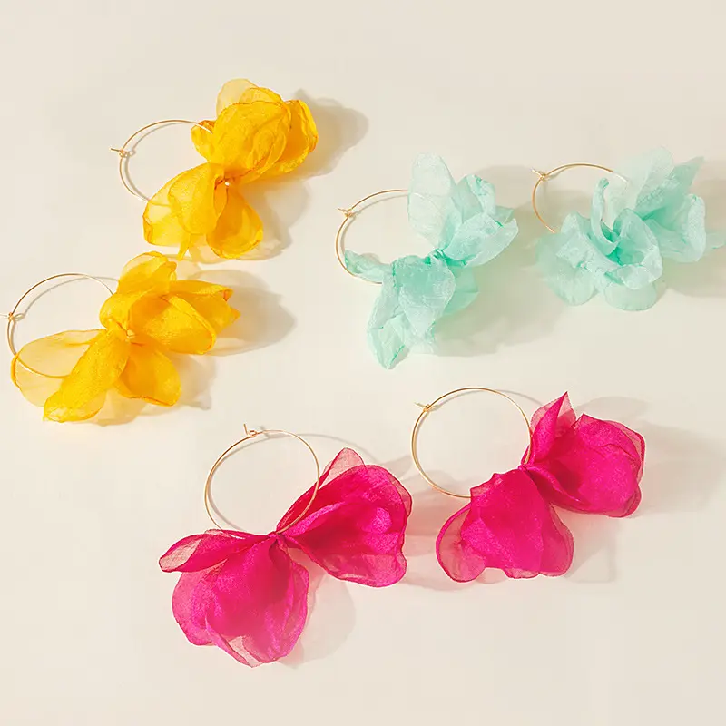 2025 New Bohemian Colorful Fabric Flower Hoop Earrings for Women Vintage Exaggerated Statement Dangle Earrings Jewelry Brincos