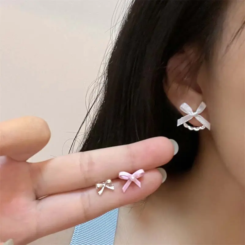 6Pcs/Set Korean Pink Ribbon Bowknot Shaped Pearl Stud Earrings Set for Women Sweet Pearl Heart Charm Earring Jewelry Gifts