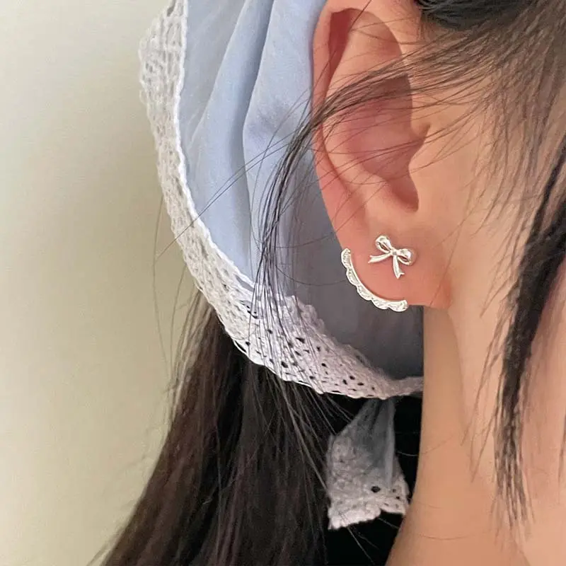 6Pcs/Set Korean Pink Ribbon Bowknot Shaped Pearl Stud Earrings Set for Women Sweet Pearl Heart Charm Earring Jewelry Gifts