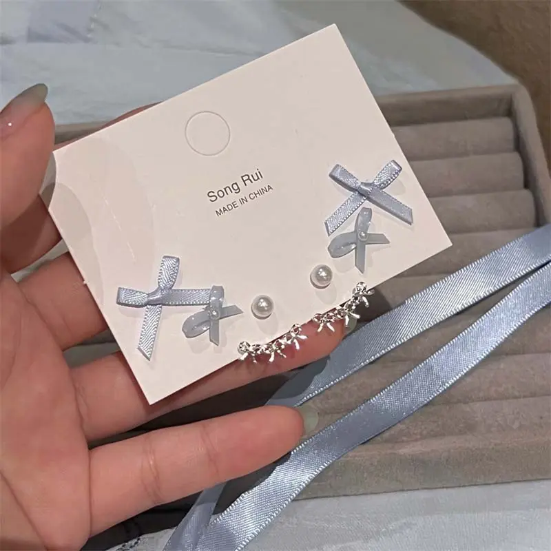 6Pcs/Set Korean Pink Ribbon Bowknot Shaped Pearl Stud Earrings Set for Women Sweet Pearl Heart Charm Earring Jewelry Gifts