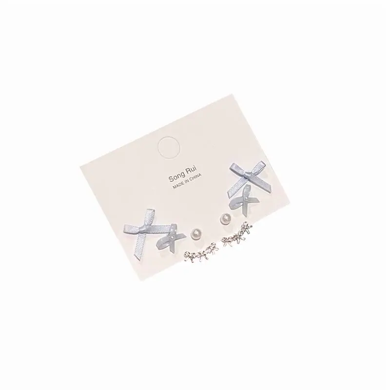 6Pcs/Set Korean Pink Ribbon Bowknot Shaped Pearl Stud Earrings Set for Women Sweet Pearl Heart Charm Earring Jewelry Gifts