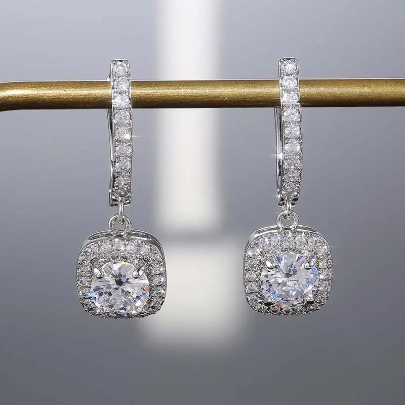 Luxury Zircon Square Shape Drop Earrings For Women Exquisite Crystal Geometric Ear Buckle Bridal Engagement Wedding Jewelry