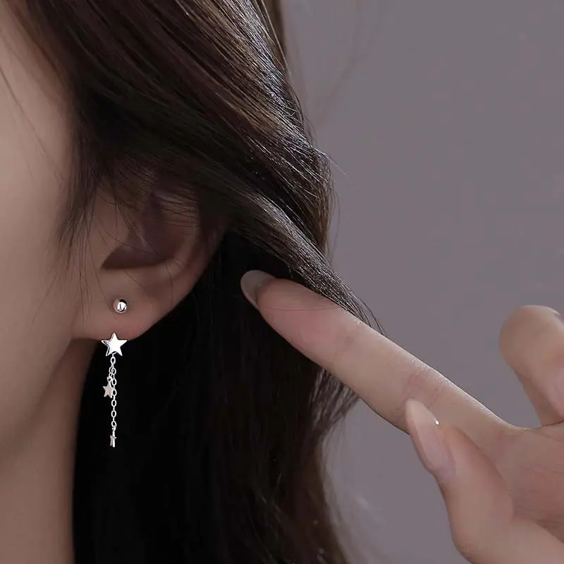 2024 New Trendy Silver Color Star Tassel Pendant Earrings for Woman Sweet Lovely Long Chain Hanging Earring Wedding Jewelry