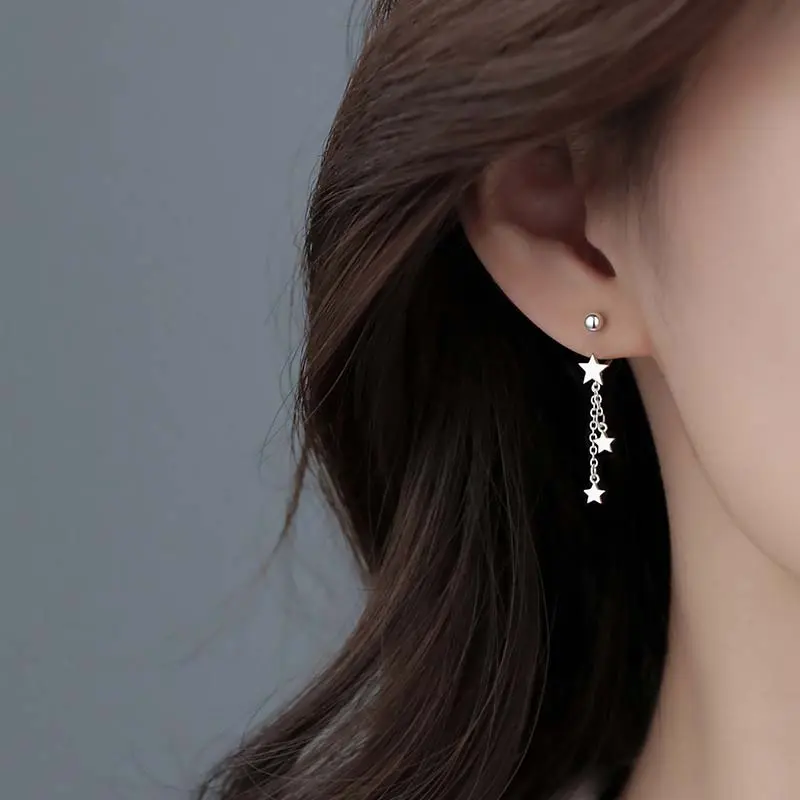 2024 New Trendy Silver Color Star Tassel Pendant Earrings for Woman Sweet Lovely Long Chain Hanging Earring Wedding Jewelry