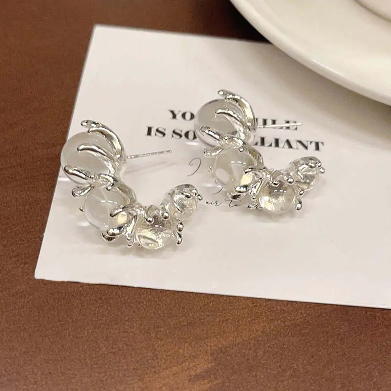 2025 New Trend Silver Color Transparent Round Balls Stud Earrings For Women Girl Korean Beaded Temperament Earrings Jewelry