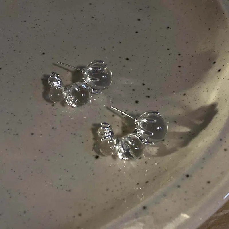 2025 New Trend Silver Color Transparent Round Balls Stud Earrings For Women Girl Korean Beaded Temperament Earrings Jewelry