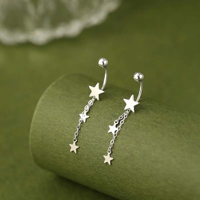 2024 New Trendy Silver Color Star Tassel Pendant Earrings for Woman Sweet Lovely Long Chain Hanging Earring Wedding Jewelry
