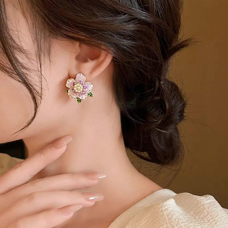 Korean Purple Crystal Camellia Stud Earrings for Women Elegant Drip Oil Pearl Flower Earrings Wedding Jewelry Accessories