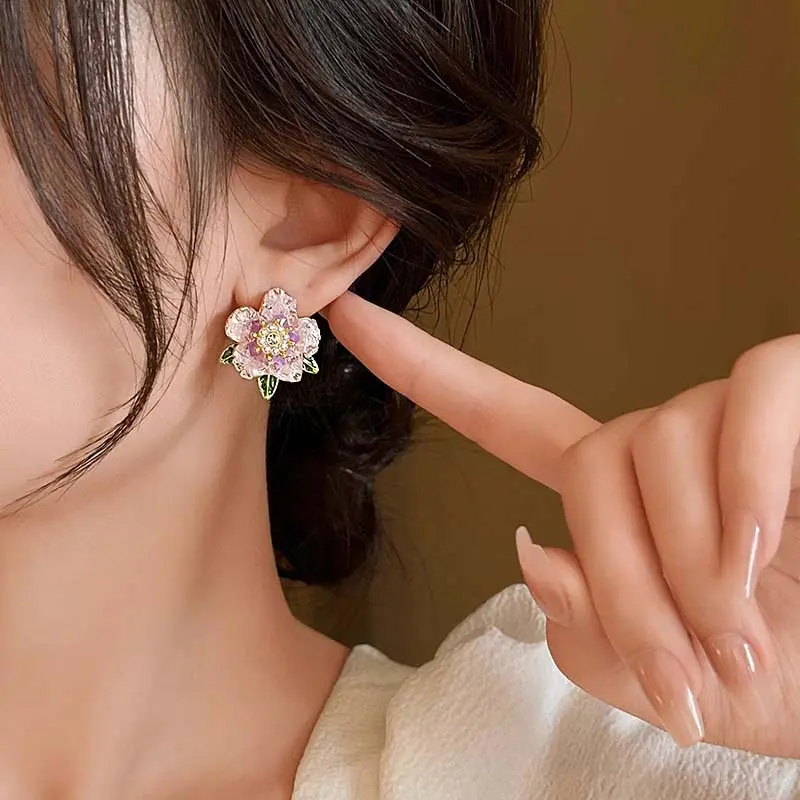 Korean Purple Crystal Camellia Stud Earrings for Women Elegant Drip Oil Pearl Flower Earrings Wedding Jewelry Accessories