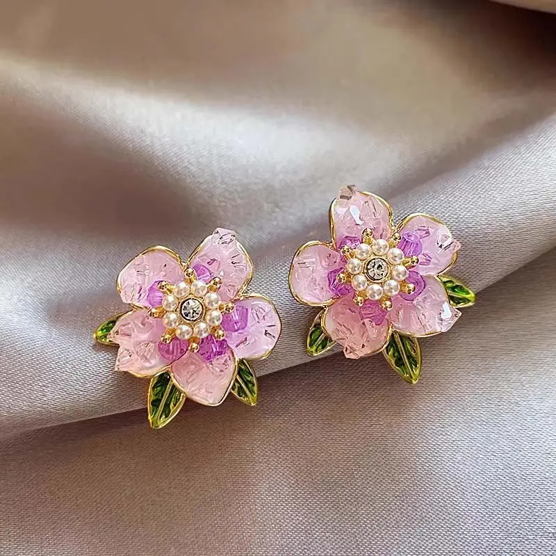 Korean Purple Crystal Camellia Stud Earrings for Women Elegant Drip Oil Pearl Flower Earrings Wedding Jewelry Accessories