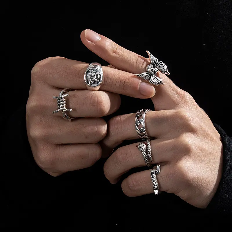 6Pcs Punk Poker Joker Silver Color Rings for Men Goth Skeleton Billiards Set Couple Emo Fashion Jewelry Anillos Hombre