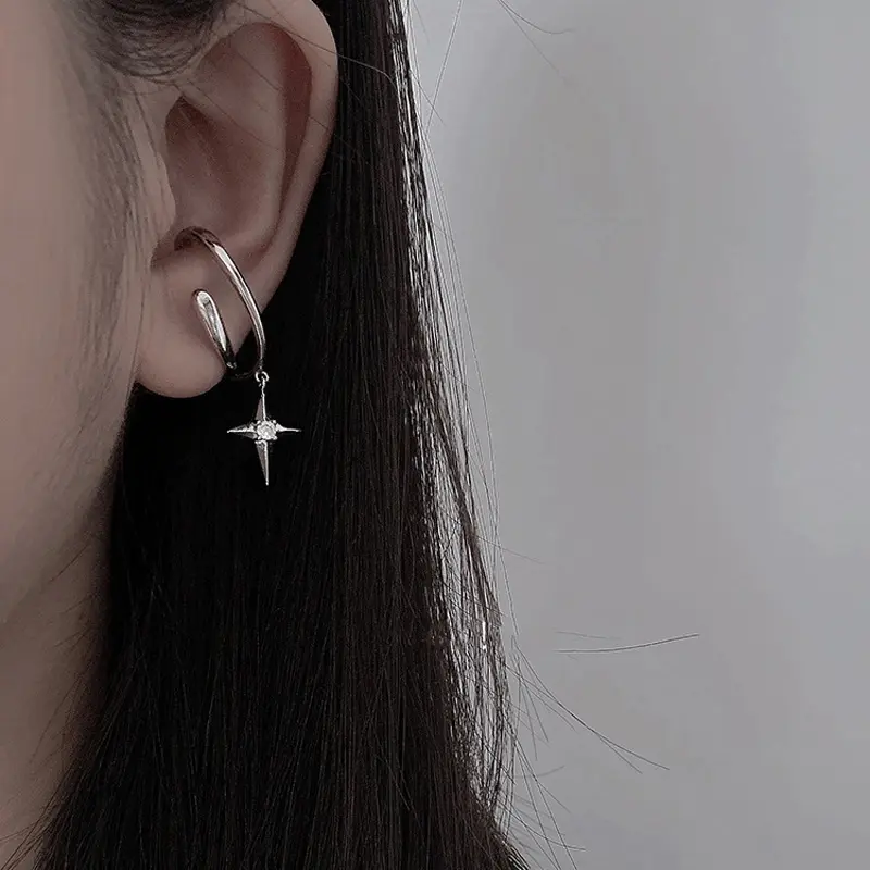 1Pcs Punk Rock Star Cross Clip On Non Piercing Earrings for Women Girls Retro Gothicrhinestone Long Pendiente Jewelry Gift