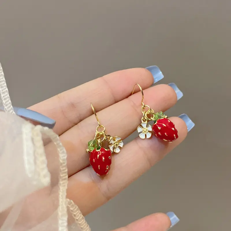 Sweet Strawberry Flower Drop Earrings for Women Girls Elegant Red Crystal Temperament Ear Hook Earrings Wedding Jewelry Gifts