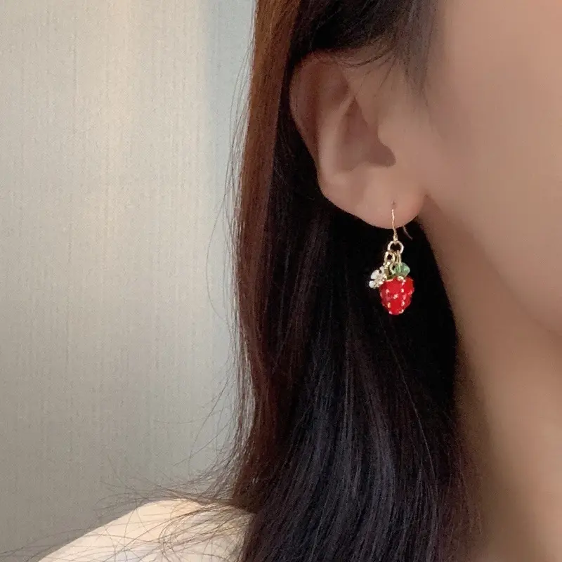 Sweet Strawberry Flower Drop Earrings for Women Girls Elegant Red Crystal Temperament Ear Hook Earrings Wedding Jewelry Gifts