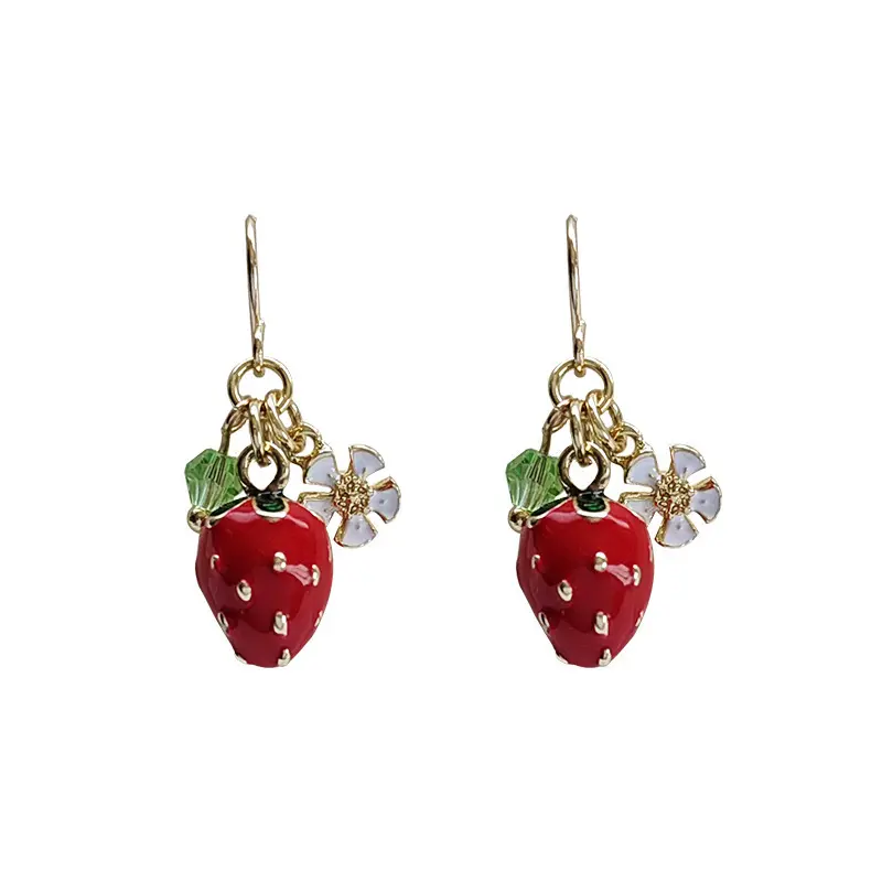 Sweet Strawberry Flower Drop Earrings for Women Girls Elegant Red Crystal Temperament Ear Hook Earrings Wedding Jewelry Gifts