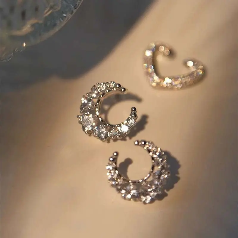 Exquisite Zircon Moon Heart Shape Clip Earrings For Women Luxury Full Crystal No Piercings Fake Cartilage Ear Cuff Jewelry