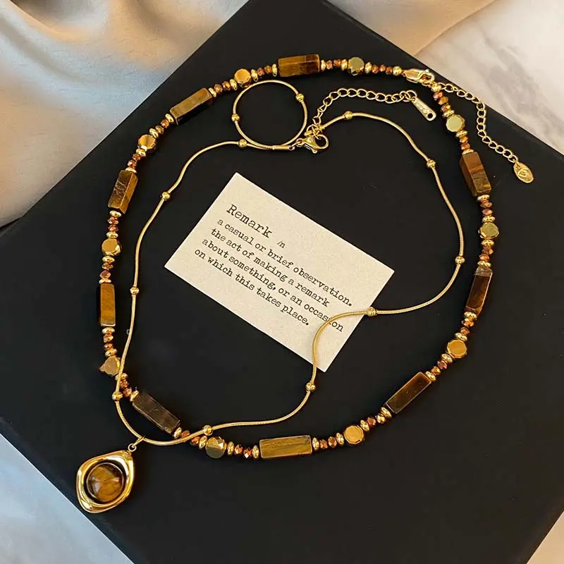 Retro Temperament Layered Tiger Eye Stone Pendant Necklace For Women Stainless steel Double-Layer Collarbone Chain Sets Jewelry