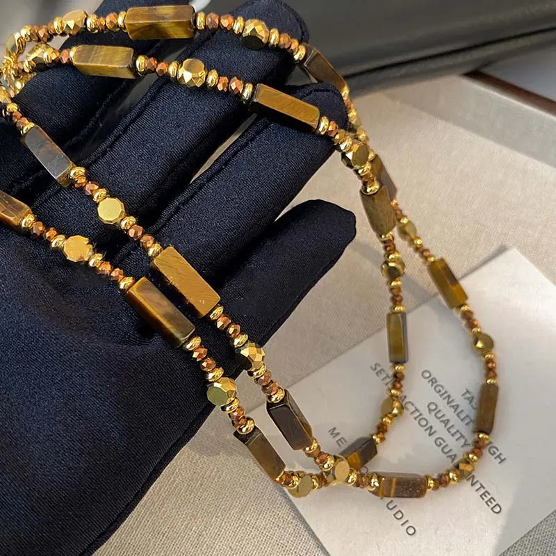 Retro Temperament Layered Tiger Eye Stone Pendant Necklace For Women Stainless steel Double-Layer Collarbone Chain Sets Jewelry