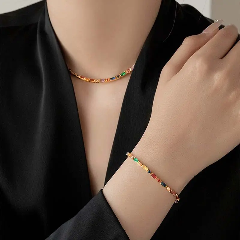 Luxury Colorful Zircon Chain Necklace Bracelet for Women Exquisite Crystal Clavicle Chain Necklace Wedding Jewelry Accessories