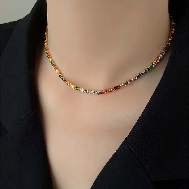 Luxury Colorful Zircon Chain Necklace Bracelet for Women Exquisite Crystal Clavicle Chain Necklace Wedding Jewelry Accessories