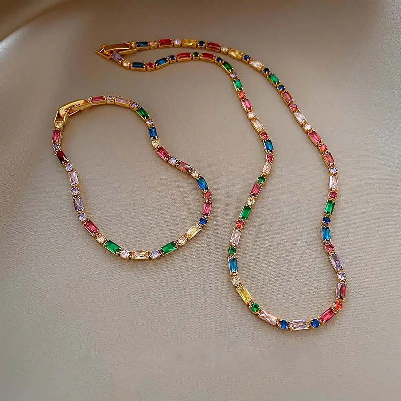 Luxury Colorful Zircon Chain Necklace Bracelet for Women Exquisite Crystal Clavicle Chain Necklace Wedding Jewelry Accessories