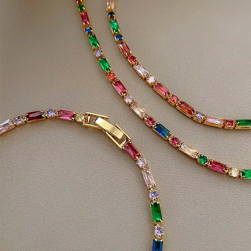 Luxury Colorful Zircon Chain Necklace Bracelet for Women Exquisite Crystal Clavicle Chain Necklace Wedding Jewelry Accessories
