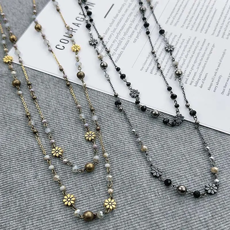 Vintage Double Layered Flower Beaded Chains Necklaces for Women Bohemian Ethnic Style Glass Beaded Sweater Chain Jewelry