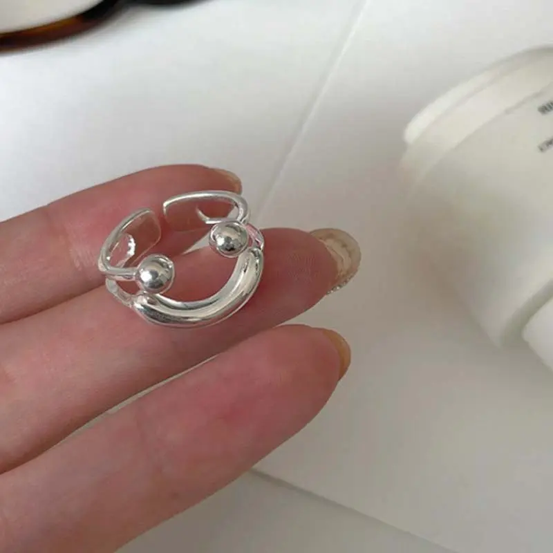 2024 New Silver Color Smile Face Open Rings for Women Simple Double-Layer Adjustable Anillos Ring Jewelry Gift Bijoux