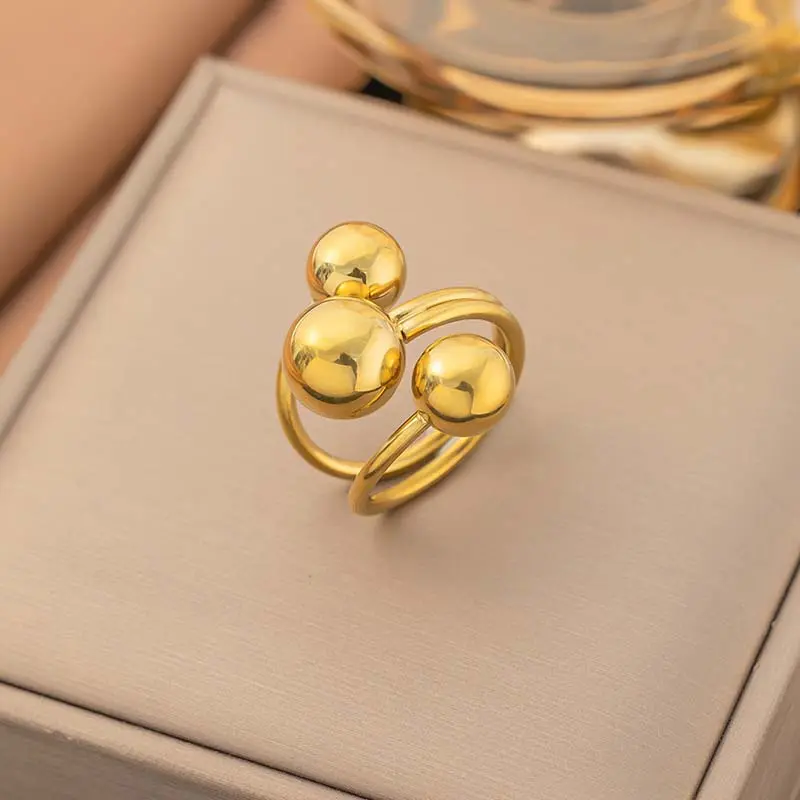 Fashion Metal Ball Open Rings For Women Men Stainless Steel Gold Silver Color Geometric Adjustable Finger Rings Jewelry Gifts