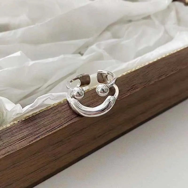 2024 New Silver Color Smile Face Open Rings for Women Simple Double-Layer Adjustable Anillos Ring Jewelry Gift Bijoux