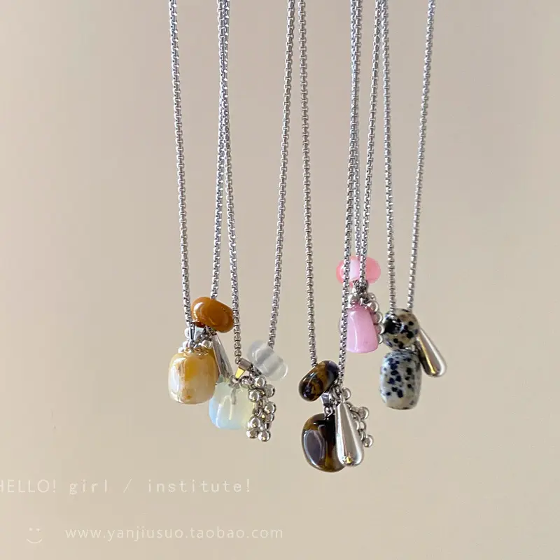 Korean Colorful Stones Geometric Pendant Necklace for Women Simple Metal Grape Cluster Clavicle Chain Sweater Chain Jewelry Gift