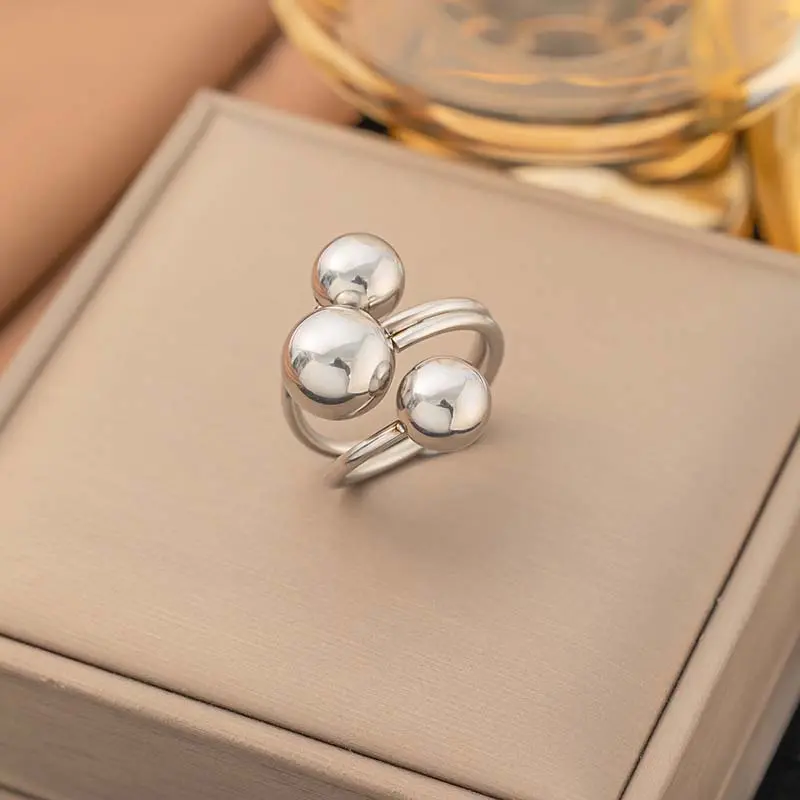 Fashion Metal Ball Open Rings For Women Men Stainless Steel Gold Silver Color Geometric Adjustable Finger Rings Jewelry Gifts