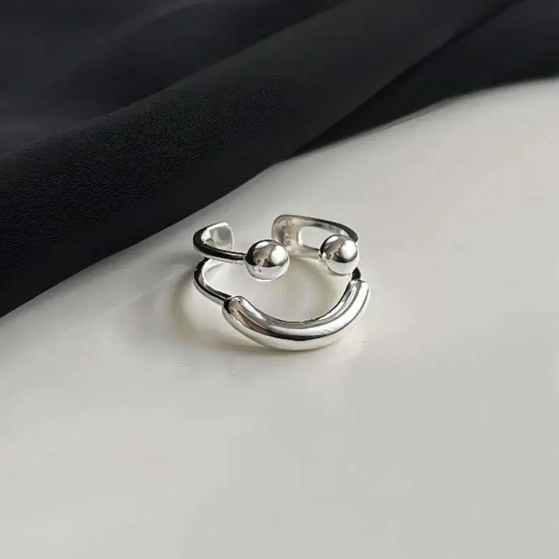 2024 New Silver Color Smile Face Open Rings for Women Simple Double-Layer Adjustable Anillos Ring Jewelry Gift Bijoux