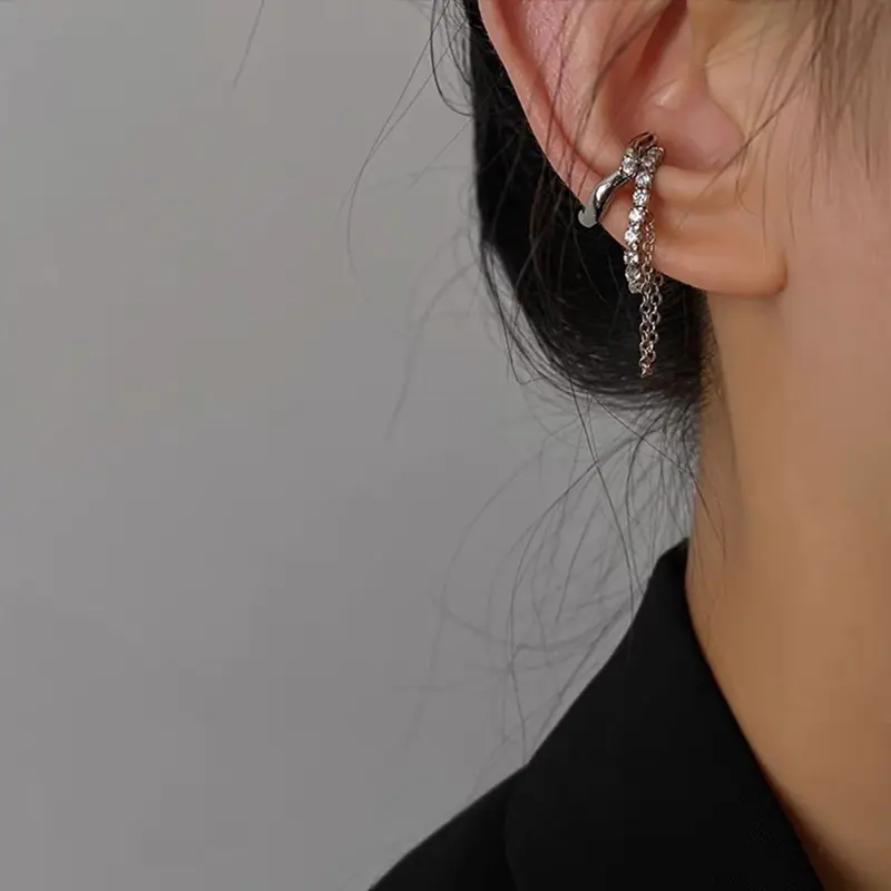 Korean Fashion Silver Color Goth C-Shaped Earcuff Tassel Chain Ear Cuff Fake Piercing Faux Earrings for Women Girls Jewelry