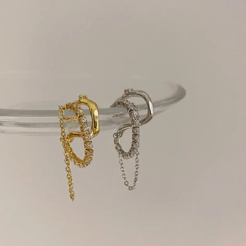 Korean Fashion Silver Color Goth C-Shaped Earcuff Tassel Chain Ear Cuff Fake Piercing Faux Earrings for Women Girls Jewelry