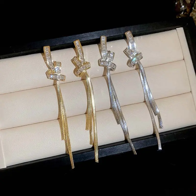 Luxury Crystal Long Tassel Drop Earrings for Women New Trendy Gold Color Knot Snake Bone Chain Earrings Wedding Jewelry Gifts