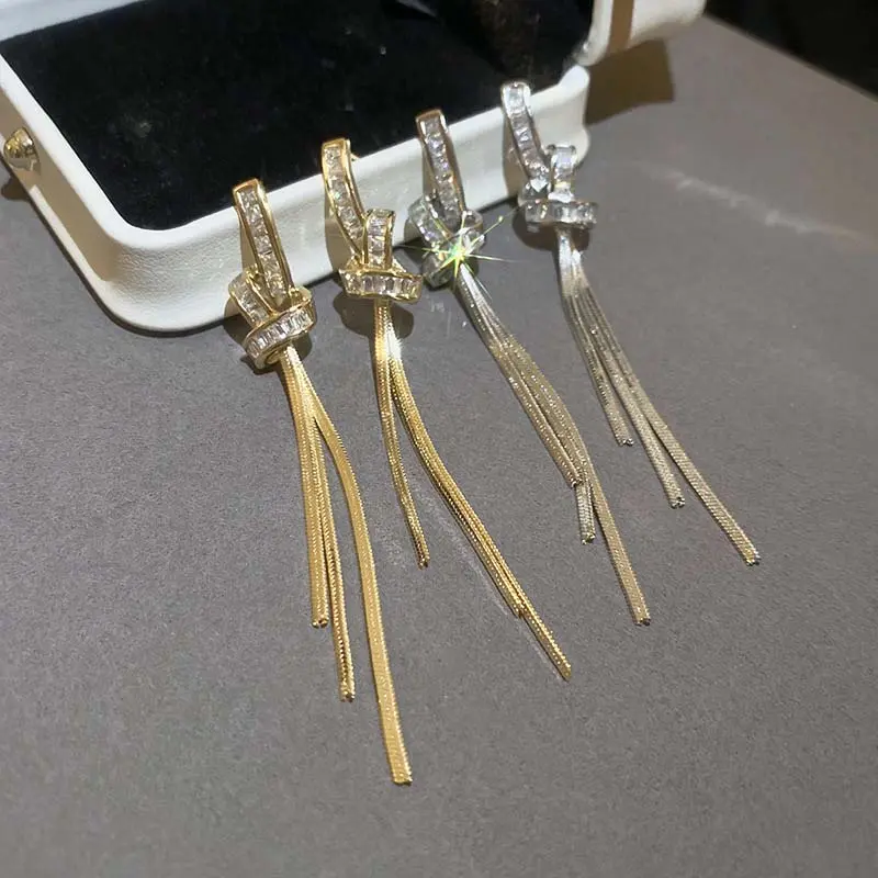 Luxury Crystal Long Tassel Drop Earrings for Women New Trendy Gold Color Knot Snake Bone Chain Earrings Wedding Jewelry Gifts