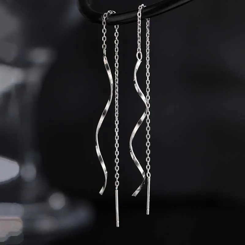 Korean Silver Color Wave Long Tassel Threader Earrings for Women Elegant Simple Long Chain Drop Earring Wedding Jewelry Gift