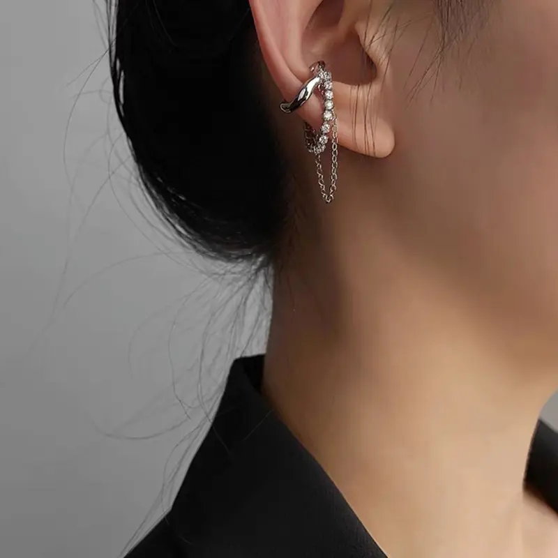 Korean Fashion Silver Color Goth C-Shaped Earcuff Tassel Chain Ear Cuff Fake Piercing Faux Earrings for Women Girls Jewelry