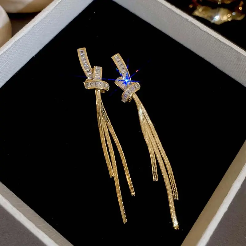 Luxury Crystal Long Tassel Drop Earrings for Women New Trendy Gold Color Knot Snake Bone Chain Earrings Wedding Jewelry Gifts