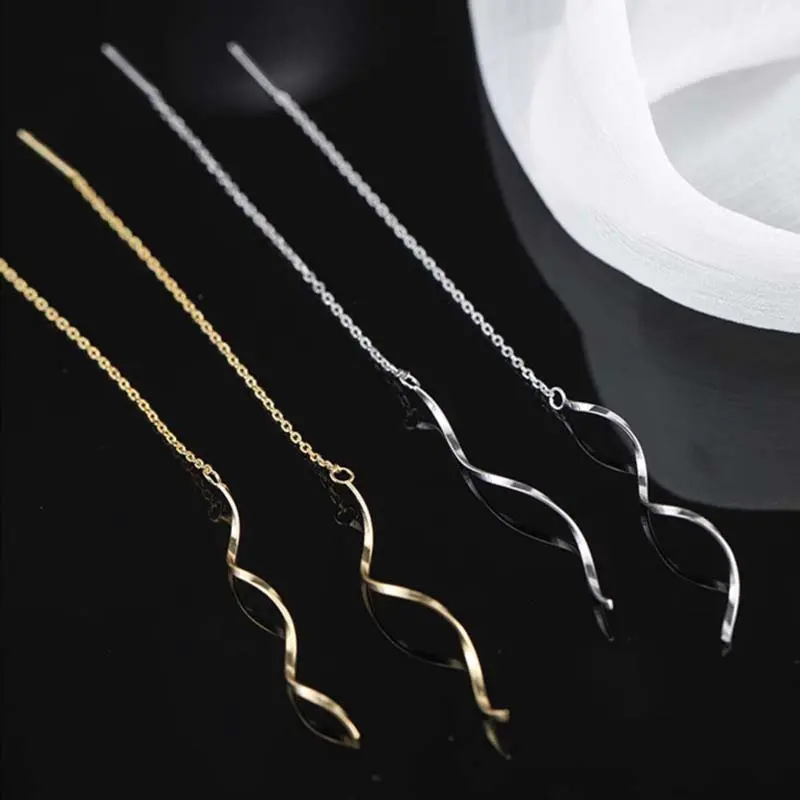 Korean Silver Color Wave Long Tassel Threader Earrings for Women Elegant Simple Long Chain Drop Earring Wedding Jewelry Gift