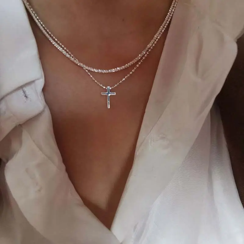 Fashion Silver Color Double Layer Cross Pendant Necklaces For Women Sparkling Clavicle Chain Choker Charm Necklace Jewelry Gifts
