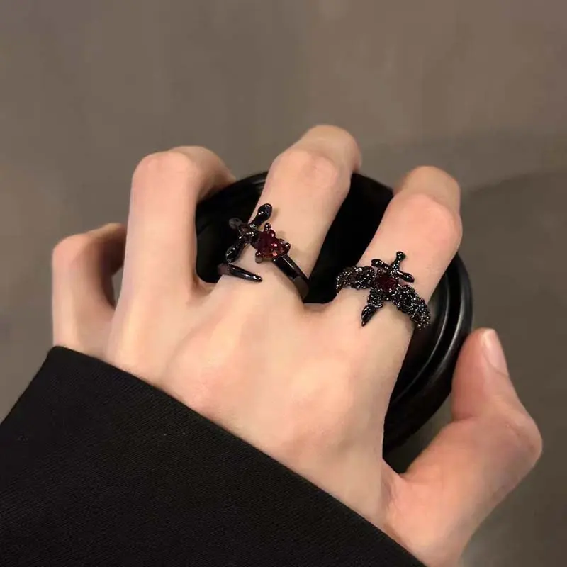 Punk Gothic Purple Zircon Love Heart Cross Open Rings For Men Women Retro Black Thorny Rose Couple Finger Rings Y2K Jewelry Gift